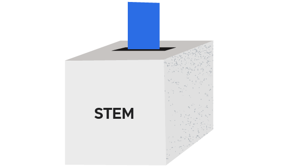 En stemmeseddel på vej ned i en stemmeurne med teksten "Stem"