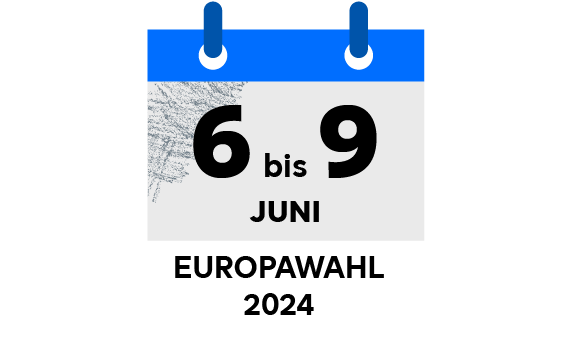 Ein Kalender, auf dem „6. bis 9. Juni, Europawahl 2024“ steht