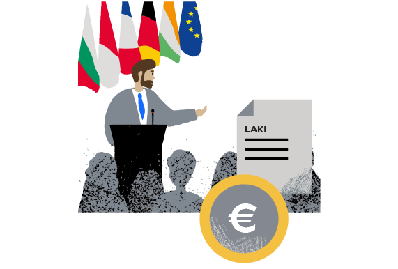 Kolme kuvaa: Kolikko, jossa on euron symboli; asiakirja, jossa lukee "Laki", ja mies, joka puhuu yleisön edessä.