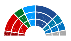 Een halve cirkel die bestaat uit acht delen met elk een verschillende kleur, als symbool voor de Parlementsleden in de verschillende fracties en de niet-fractiegebonden leden in de vergaderzaal in Straatsburg