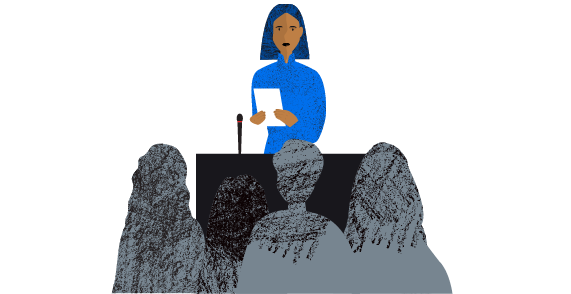 An illustration of a woman speaking in front of an audience