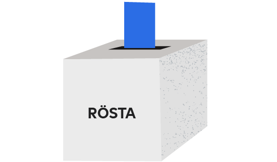 En röstsedel läggs in en valurna med texten ”Rösta”