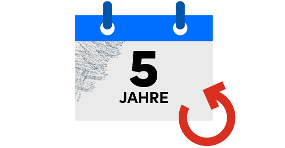 Ein Kalender, auf dem „fünf Jahre“ steht, und daneben ein Pfeil, der einen Kreis bildet