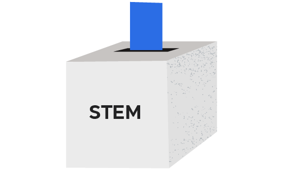 Een stembiljet gaat in een stembus met daarop het woord “Stem”